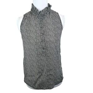 JCrew Womens 100% Silk Herringbone Ruffle Neck Sleeveless Blouse Black White 00